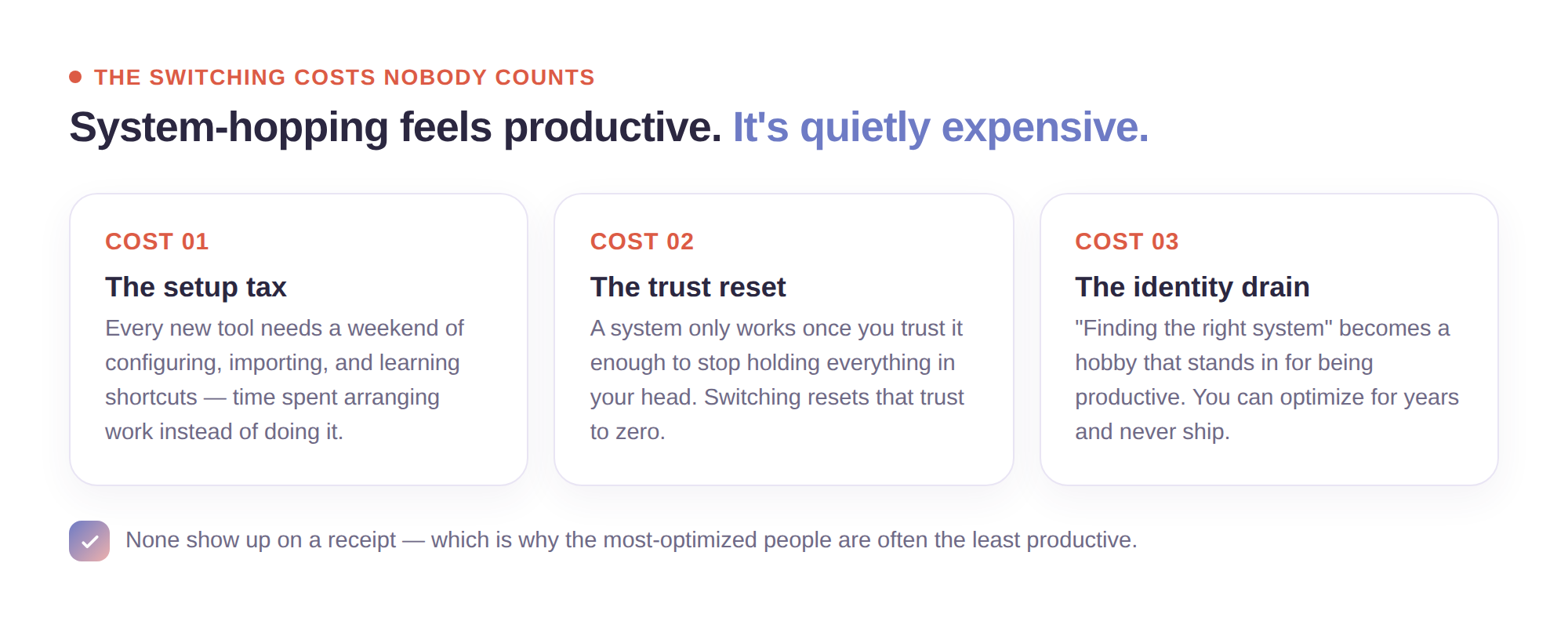Three switching costs: the setup tax, the trust reset, and the identity drain