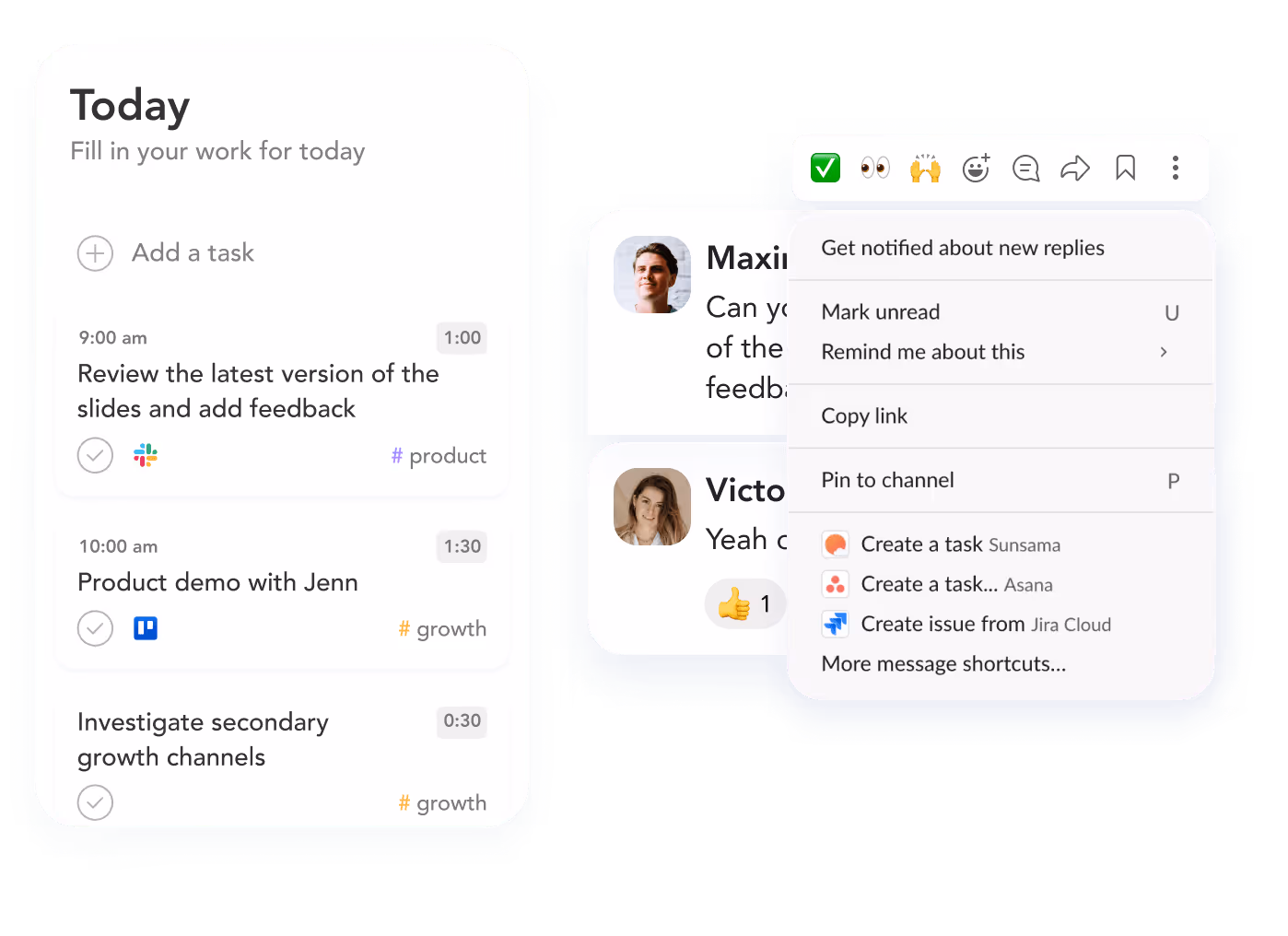 An image of the UI converting Slack messages into tasks