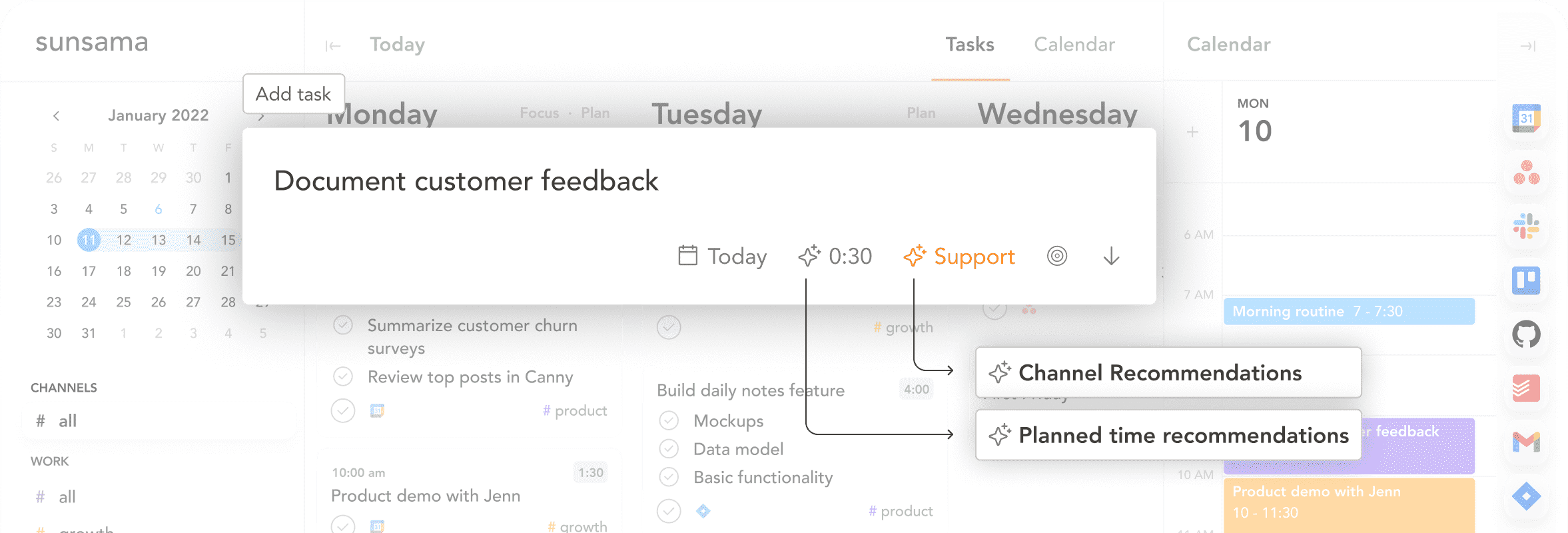 Screenshot of a digital task management tool showing tasks scheduled for different weekdays.