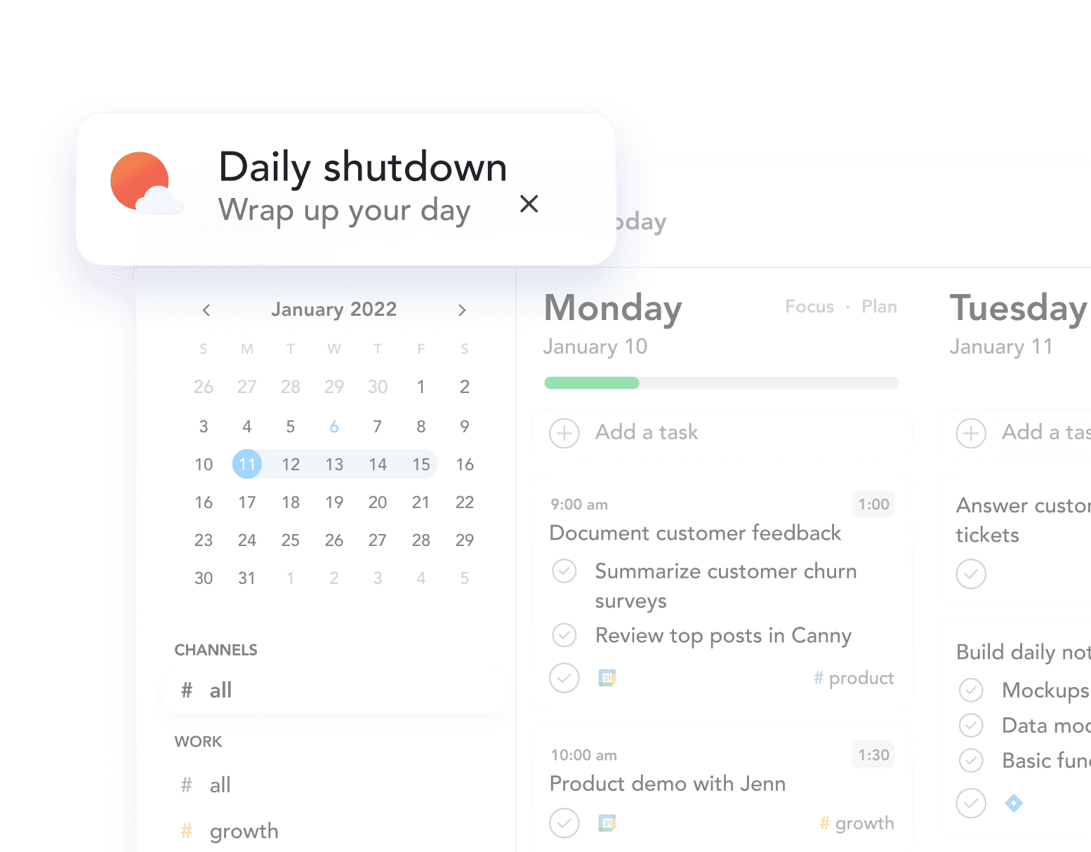 Digital calendar and task planner showing January 2022, daily tasks for Monday January 10, including customer feedback and product demo.