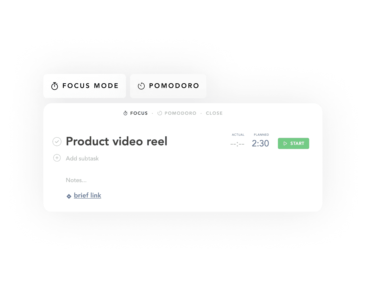 A productivity app interface with options for 'Focus Mode' and 'Pomodoro', displaying a task for creating a 'Product video reel' with a planned time of 2 hours and 30 minutes.