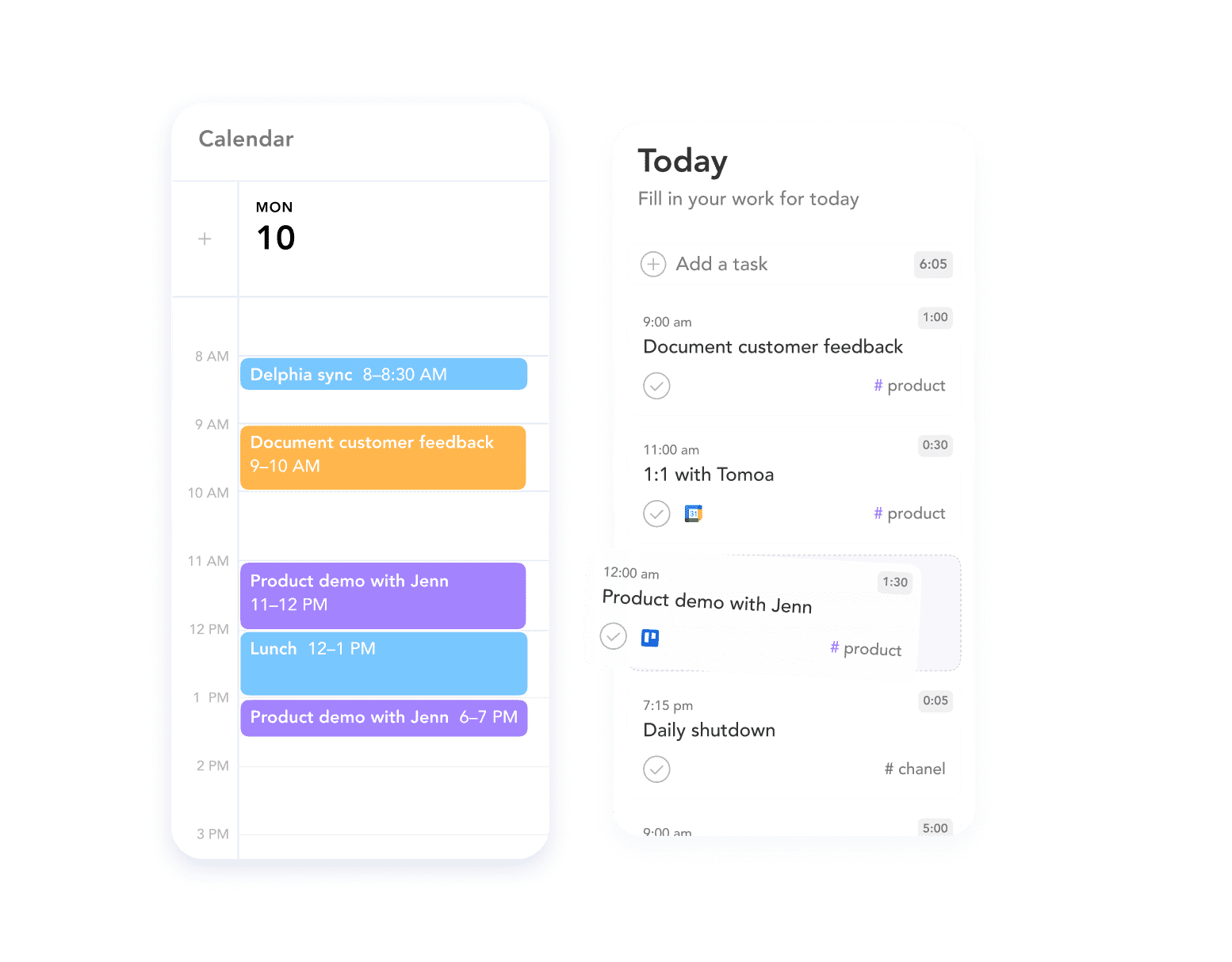 A calendar interface for Monday with scheduled items including 'Document customer feedback' and 'Product demo with Jenn', alongside a to-do list.