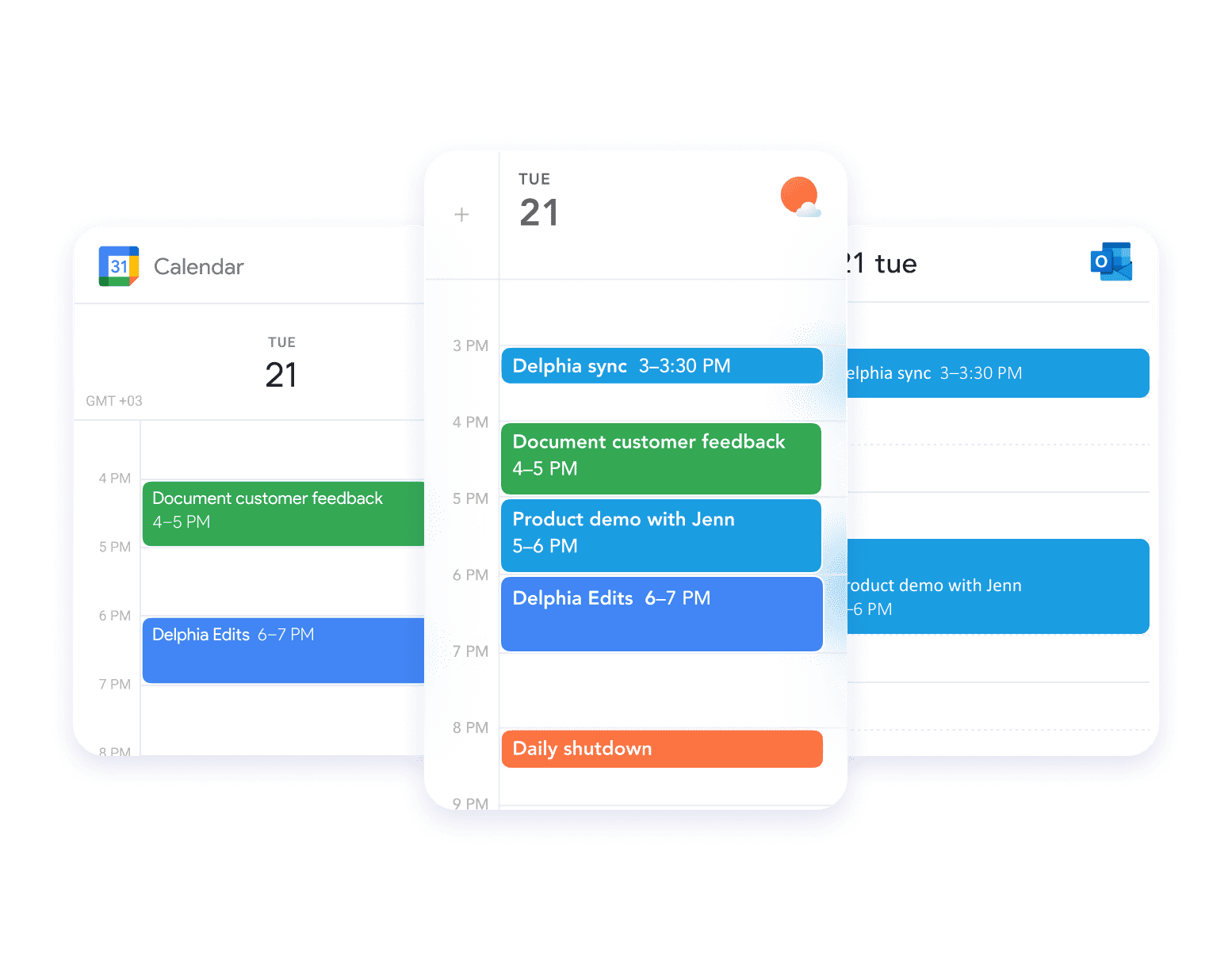 A digital calendar interface showing appointments for Tuesday, including 'Document customer feedback' and 'Product demo with Jenn'.