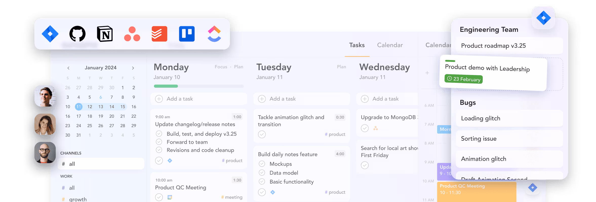 An engineering team's Sunsama view displaying tasks and meetings for UI improvements and product improvements.