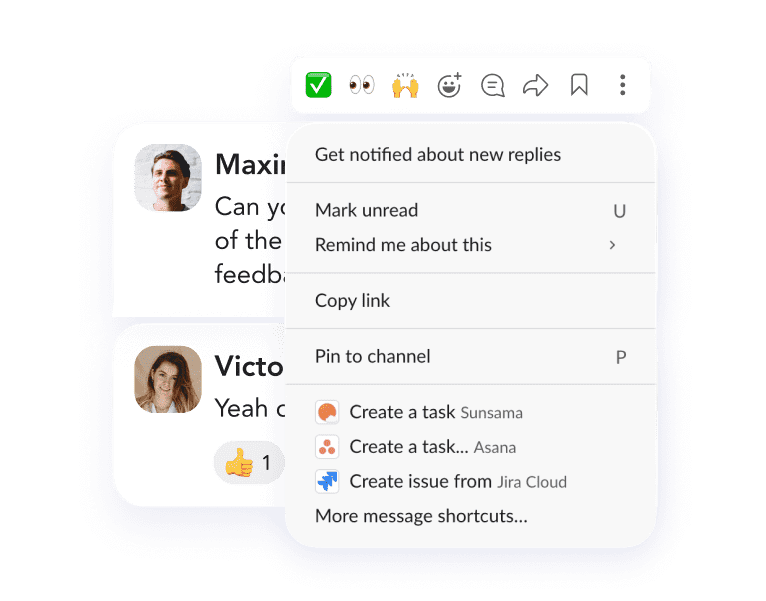 Screenshot of a Slack interface with message reactions and a context menu offering options like creating tasks and setting reminders.