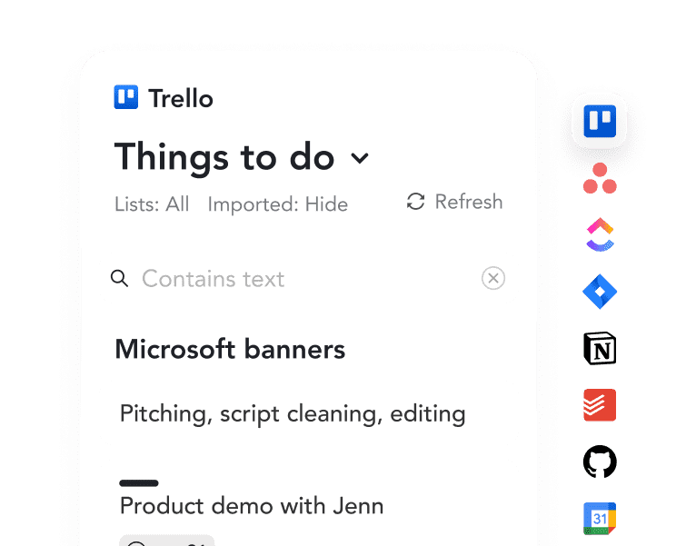 A Trello app interface showing a 'Things to do' list with items including 'Microsoft banners' and 'Product demo with Jenn'.