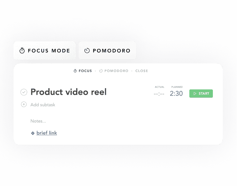 A productivity app interface with options for 'Focus Mode' and 'Pomodoro', displaying a task for creating a 'Product video reel' with a planned time of 2 hours and 30 minutes.