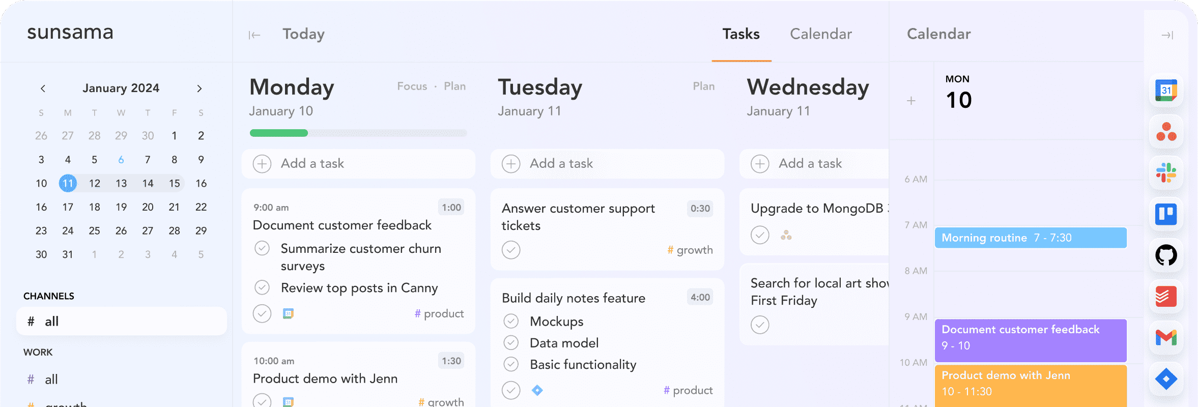 A screenshot of a task management app showing a weekly calendar view with tasks and events scheduled for Monday and Tuesday.