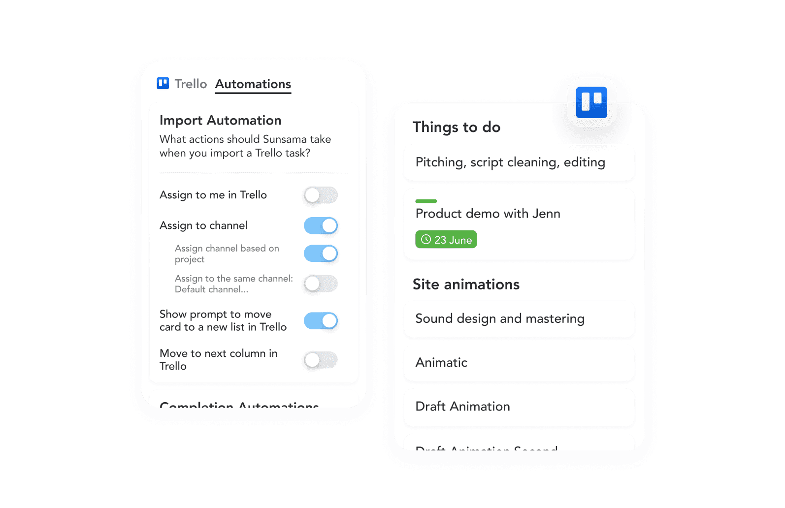 Trello Automations settings panel with toggles for import automation actions and a task list showing things to do and site animations, including a product demo scheduled for 23 June.