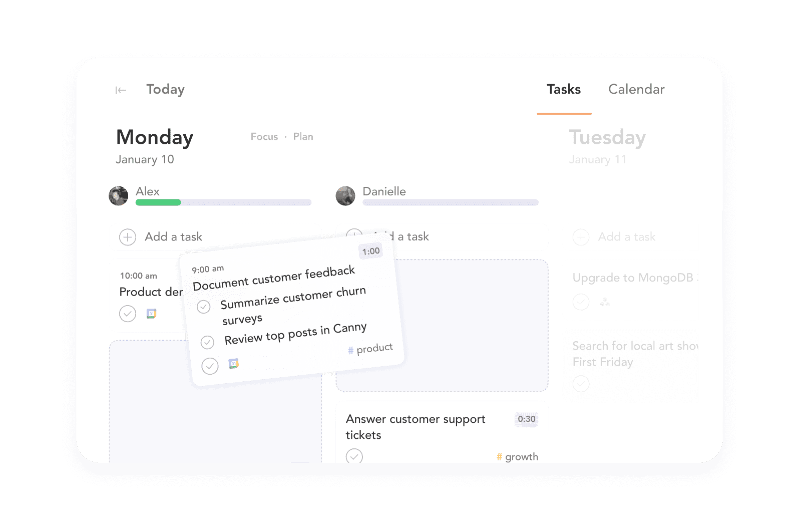 Digital task manager interface showing tasks for Monday, January 10, assigned to Alex and Danielle, with progress bars and task details including document customer feedback and answer customer support tickets.