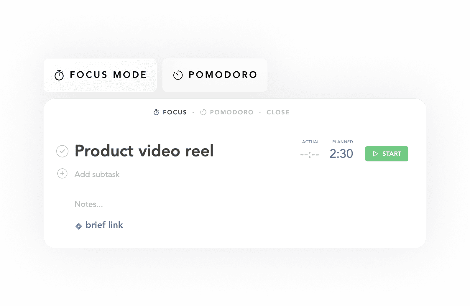 Task management interface with focus mode and Pomodoro timer for the 'Product video reel' task.