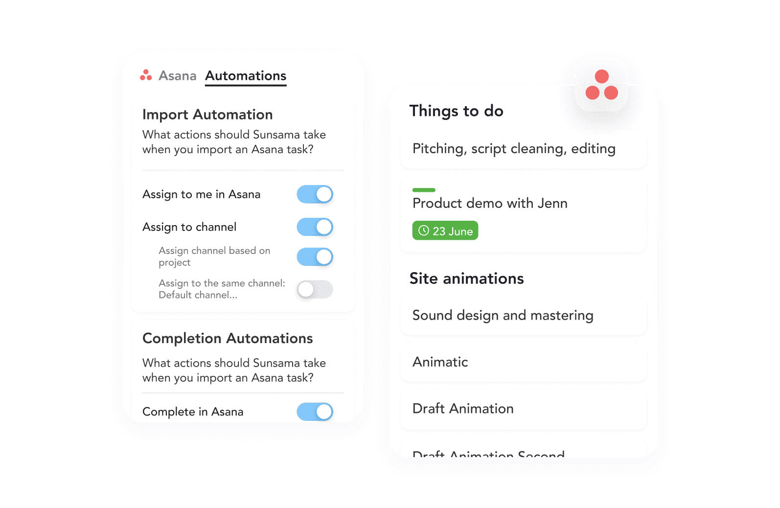 Settings for Asana import automation in a productivity app and a to-do list with an upcoming product demo and tasks related to site animations.