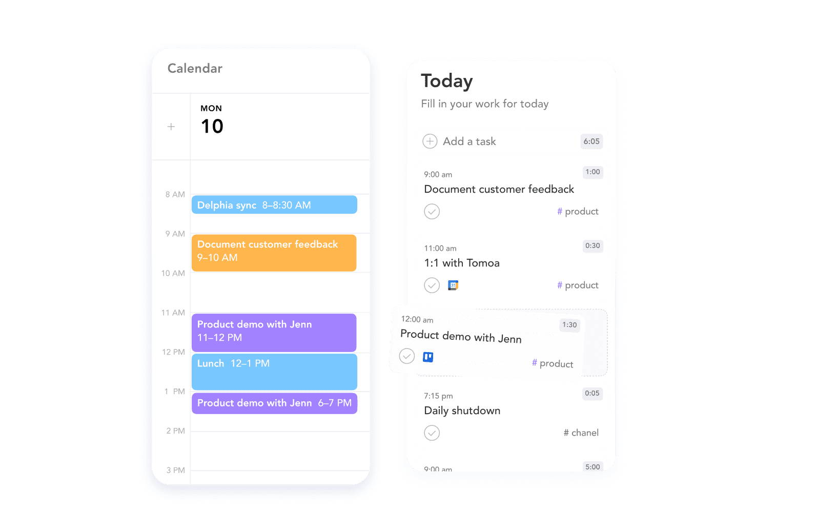 Calendar with scheduled events and a to-do list including tasks like 'Document customer feedback' and 'Product demo with Jenn'.
