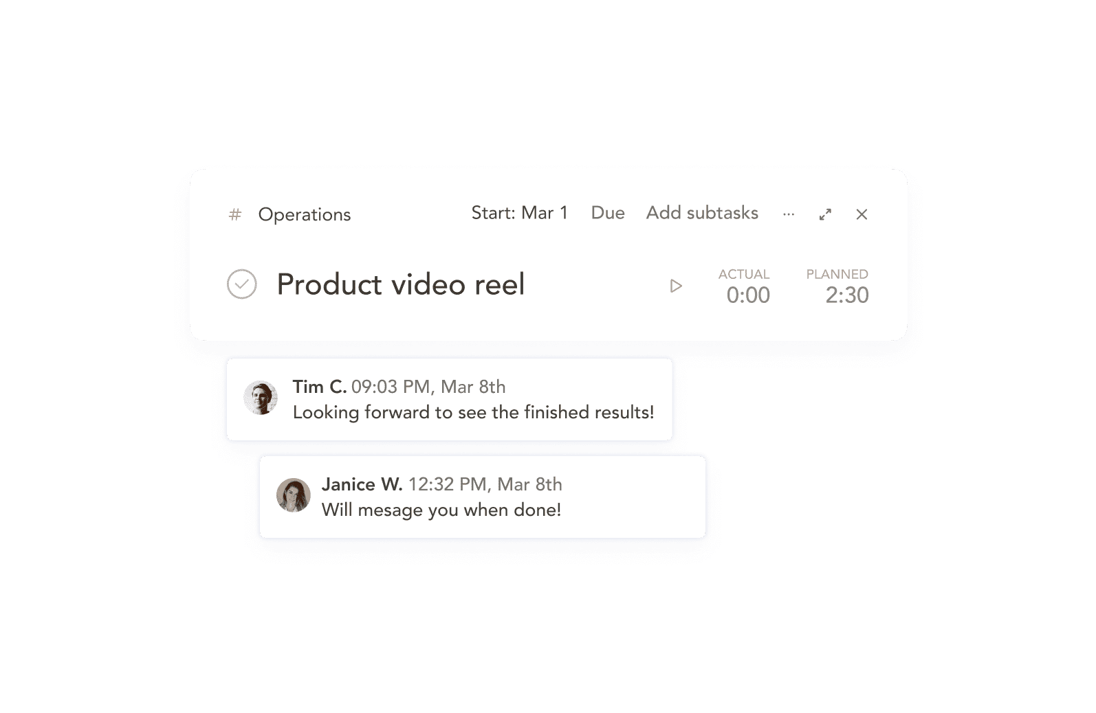 Task card for 'Product video reel' with a planned duration of 2:30 hours and messages from team members anticipating the task's completion.