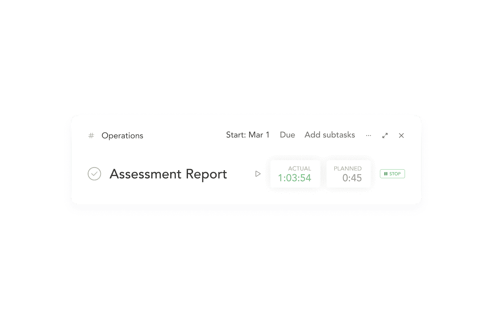 Task timer for 'Assessment Report' showing actual time exceeded the planned 45 minutes in a project management tool.