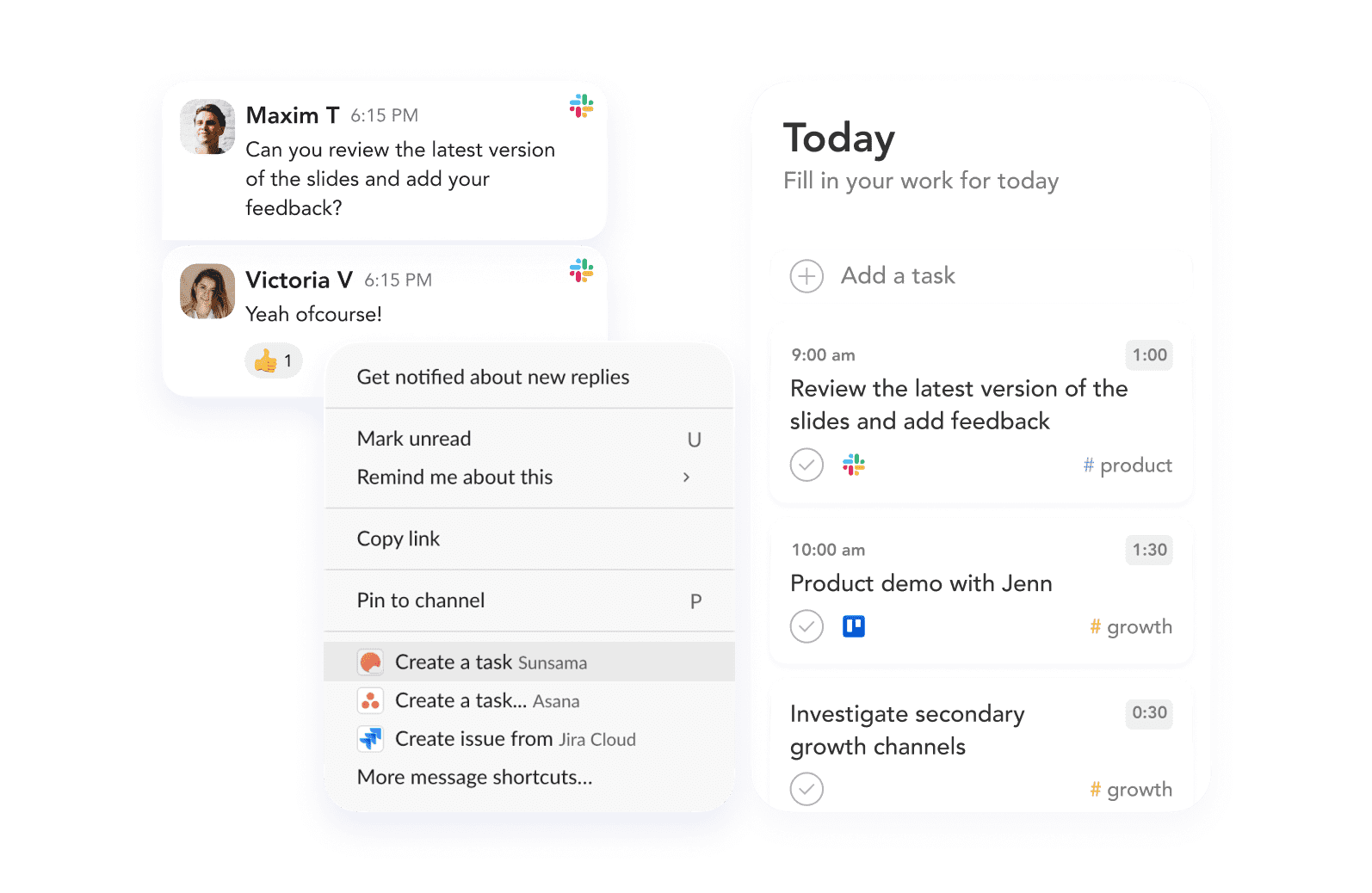 Messaging app interface showing a request to review slides and a to-do list including 'Review the latest version of the slides and add feedback'.