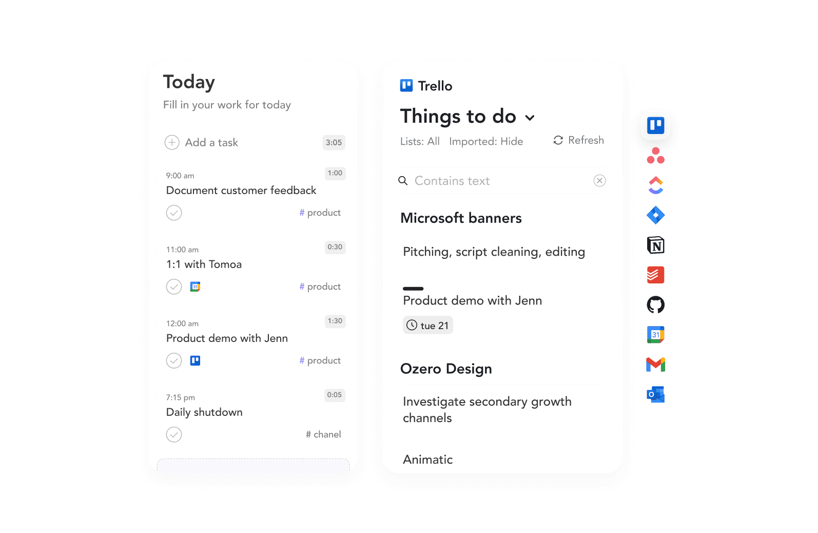 Task schedule for the day and a Trello board integration with a list of tasks to be imported into a productivity app.