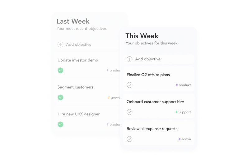 Panels displaying completed objectives from last week and current objectives for this week in a task management application.