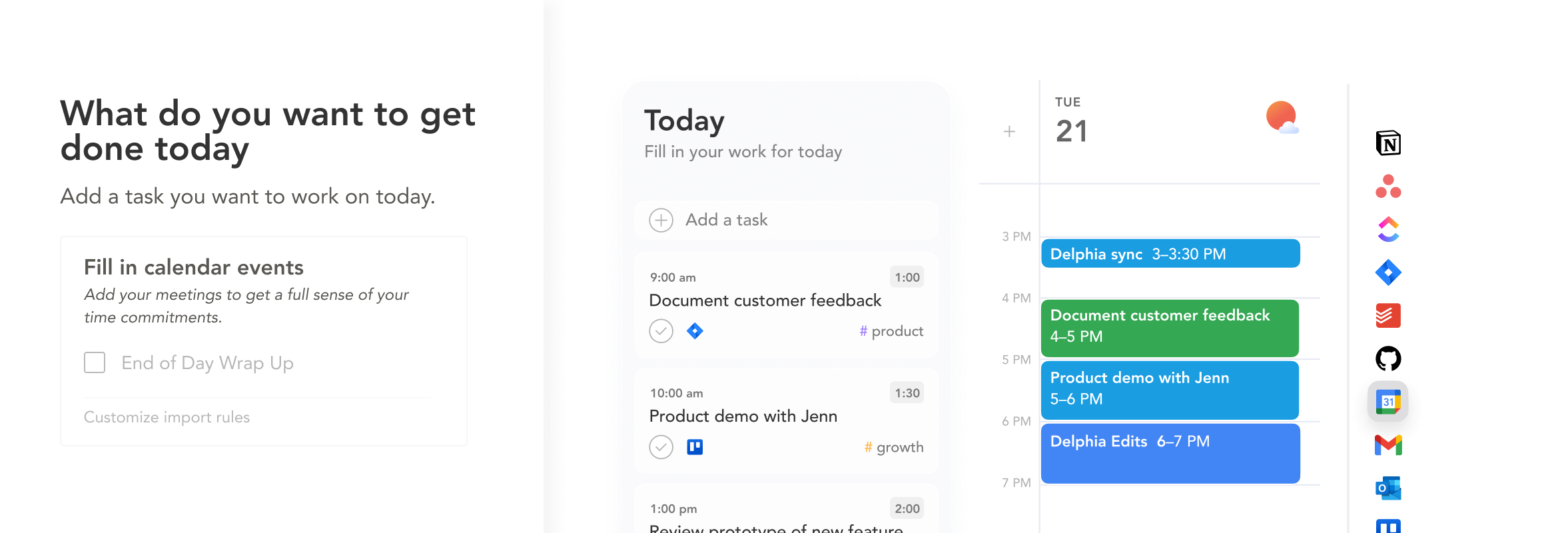 Productivity app interface showing a prompt for today's tasks, a daily schedule, and a weekly calendar with tasks and app integrations.