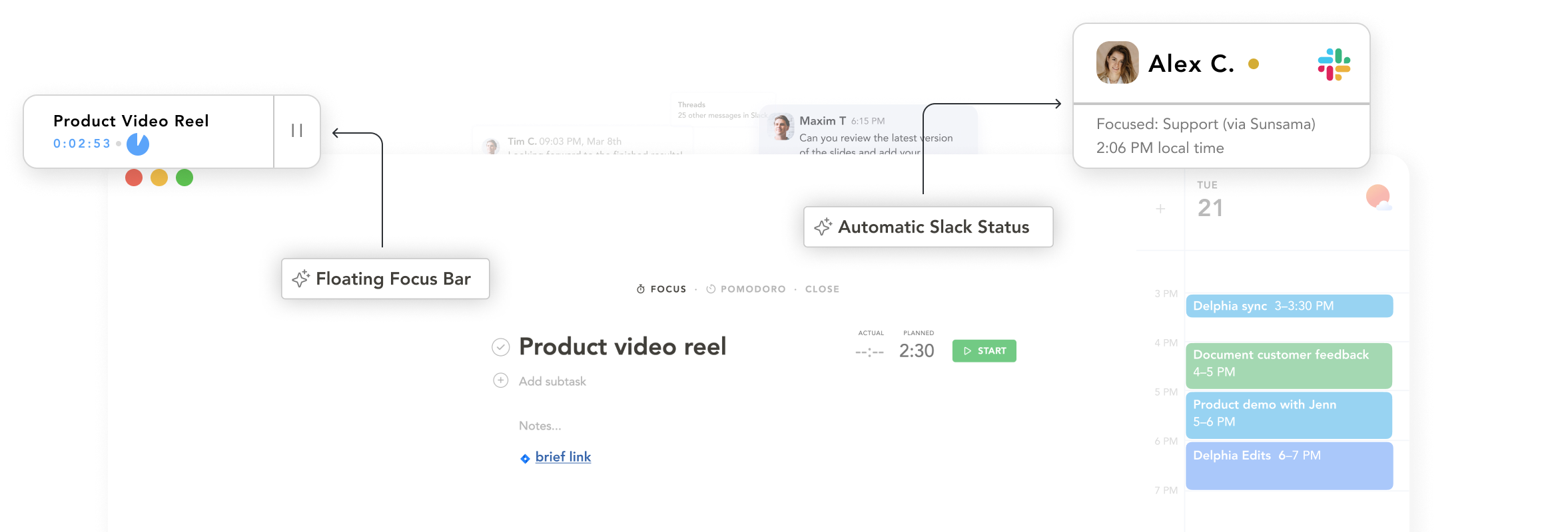 A productivity software interface showing a floating focus bar, a user profile, and a timer for 'Product Video Reel' task with Slack integration.