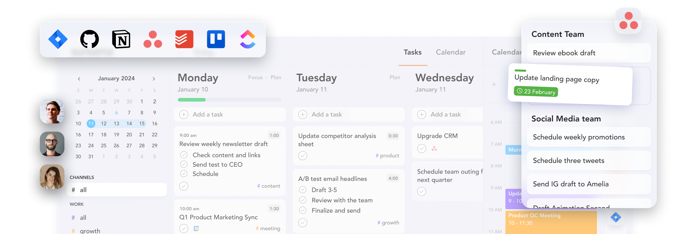 Screenshot of a project management software interface showing a weekly schedule with tasks and meetings for a content team.