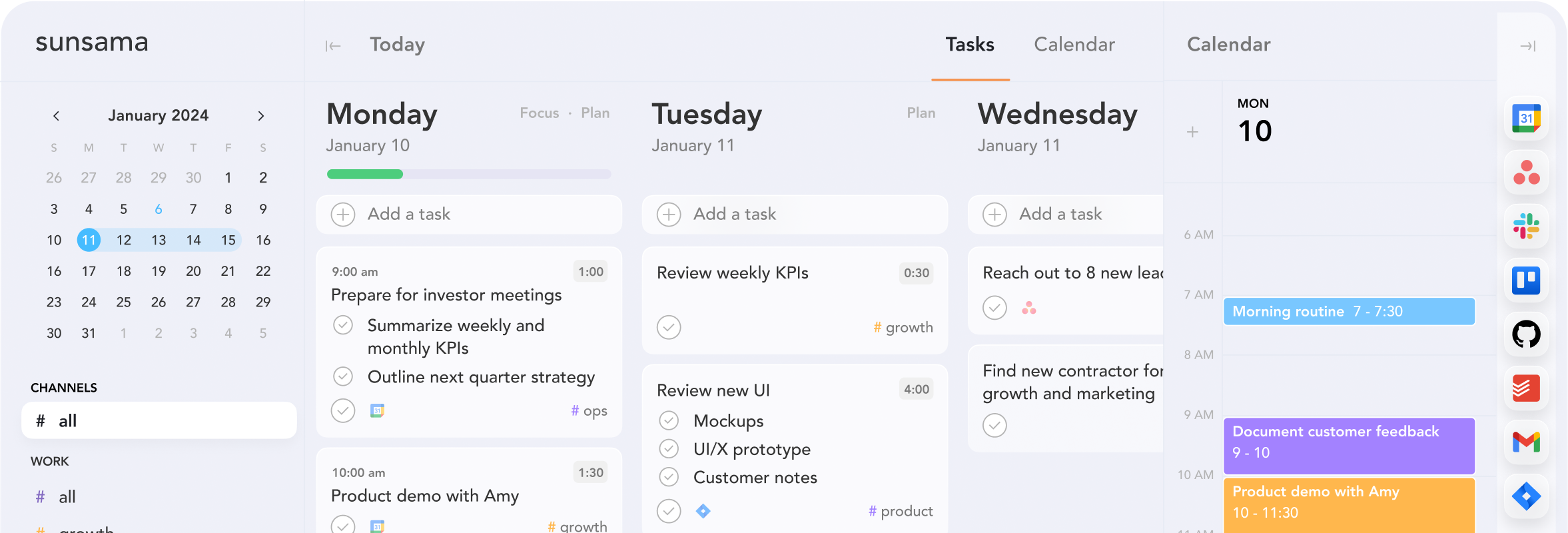 A task management app interface displaying a weekly view with scheduled tasks for Monday and Tuesday, focusing on productivity and planning.