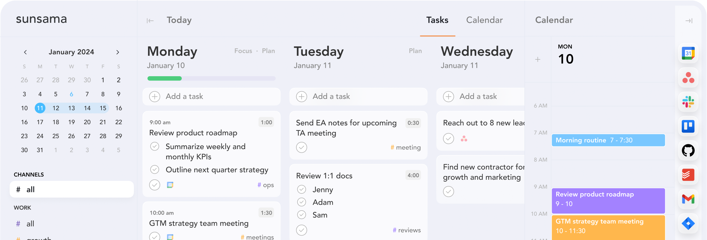 Digital task and calendar planner interface showing tasks for Monday, Tuesday, and Wednesday, January 10-11, 2024, with task details and scheduled events.