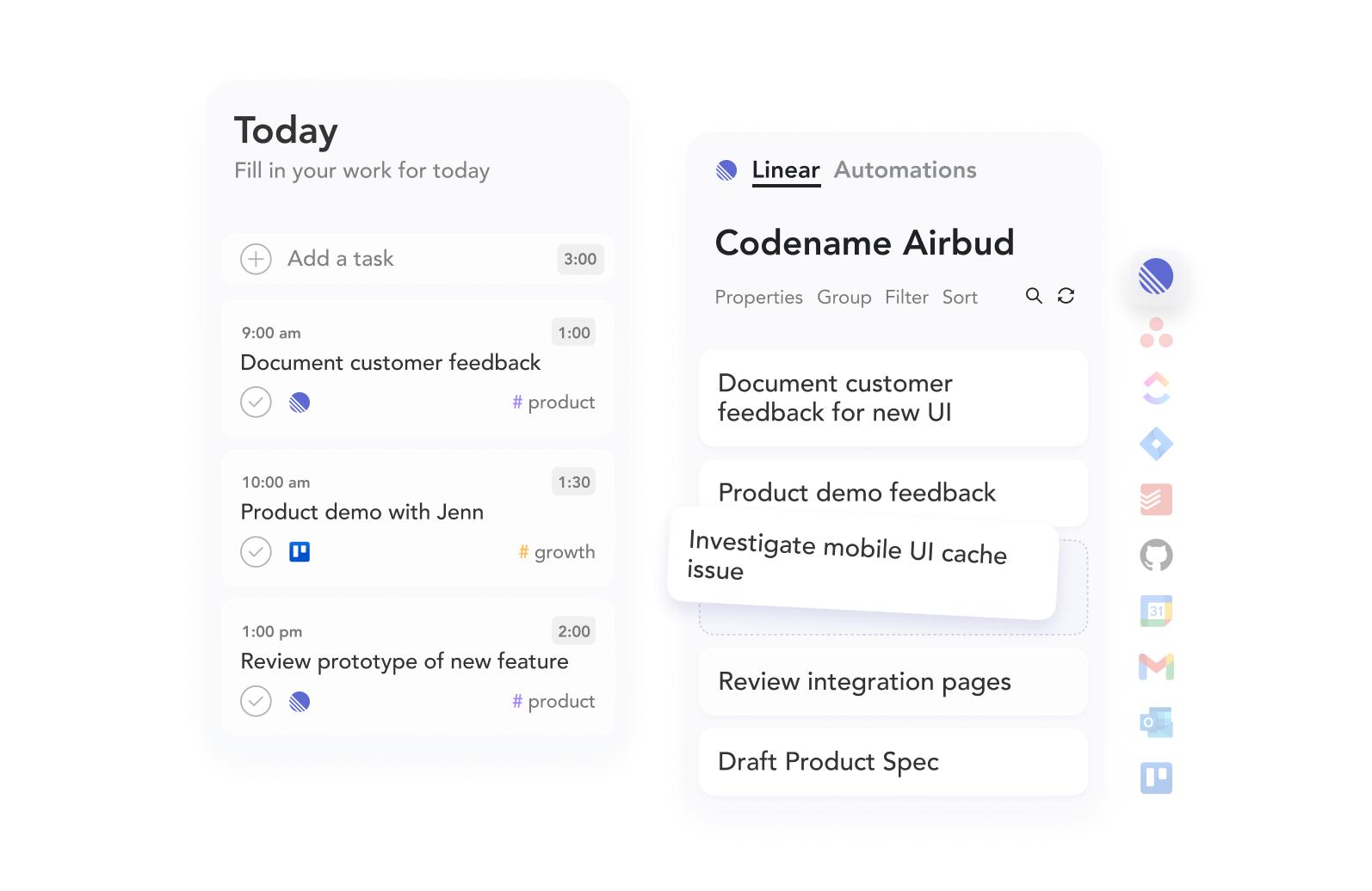Two mobile app screens showing task lists: one titled Today with scheduled tasks and times, the other titled Codename Airbud with task details and integration icons on the side.