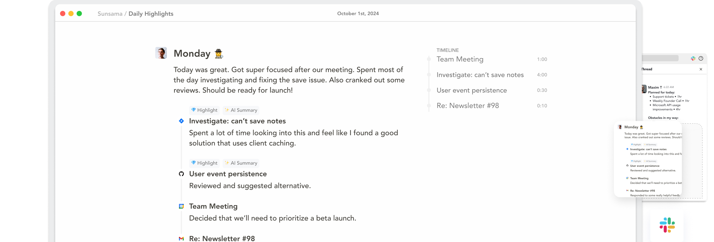 A view of Sunsama's AI-Assisted Daily Highlights view.
