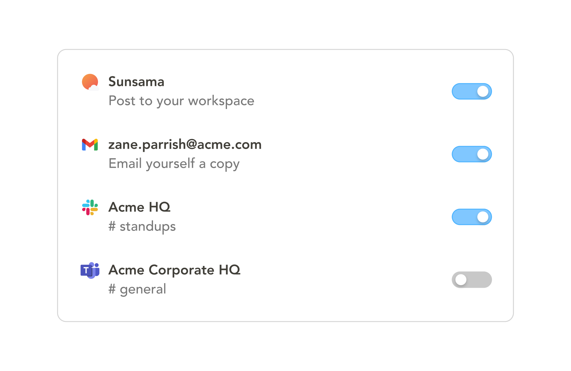 A list of destinations that a user can share their daily progress report to via Sunsama.