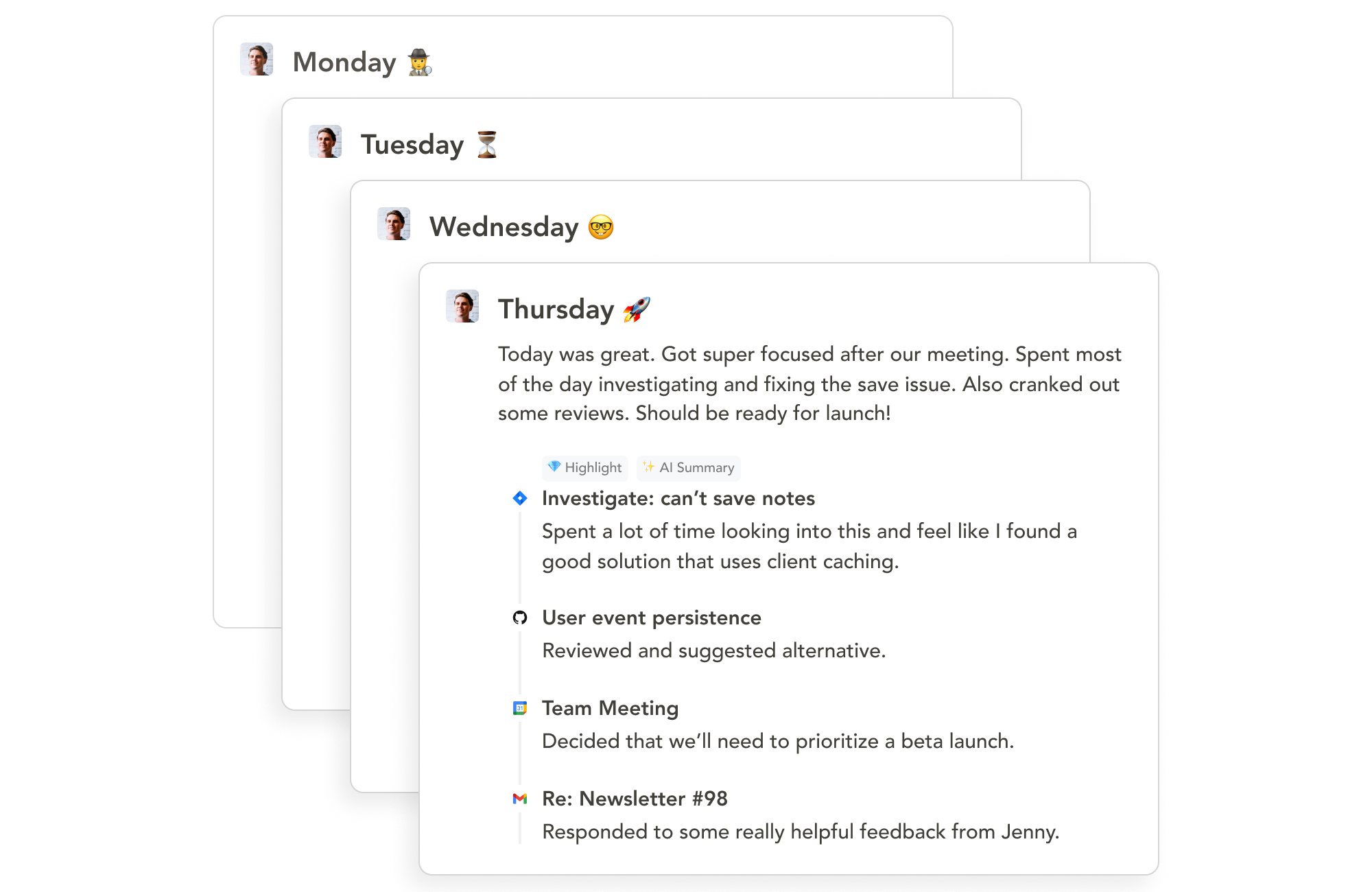 Multiple daily journal entries from a user, shared in Sunsama.