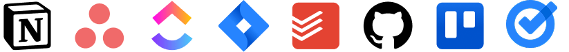 Row of eight colorful project management and task tracking app icons including Asana, ClickUp, Jira, Todoist, GitHub, Trello, and TickTick.