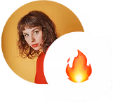 Portrait of a woman with curly hair wearing a red top against an orange background, partially covered by a fire emoji.