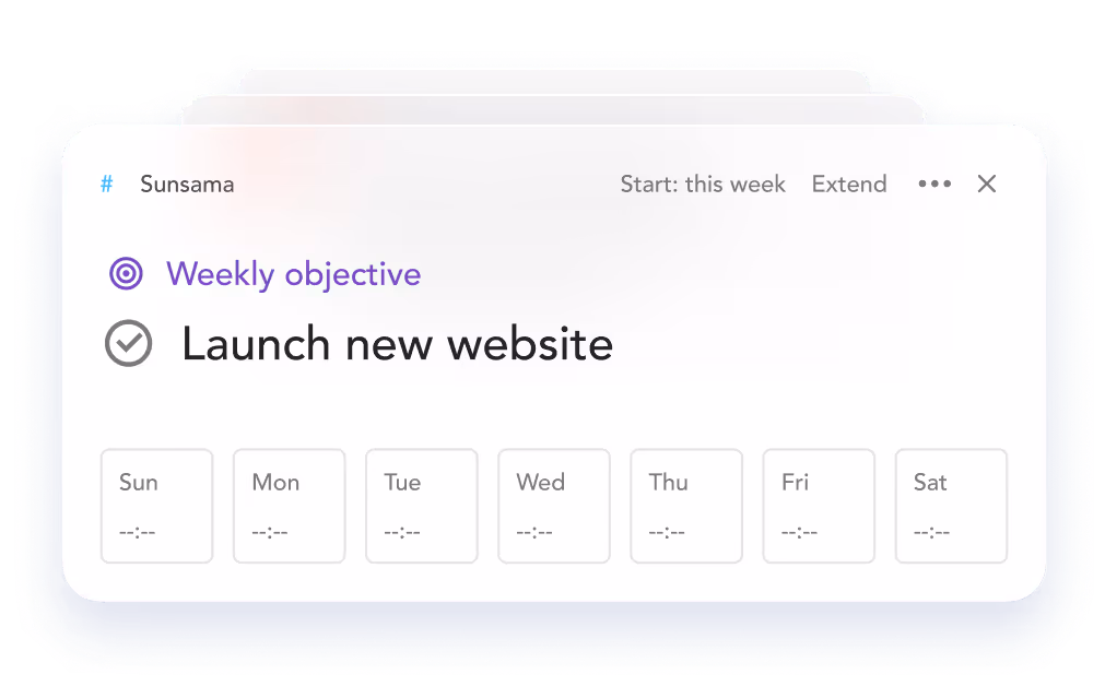 Task card from Sunsama app showing a completed weekly objective to launch a new website, with placeholder times for each day of the week.