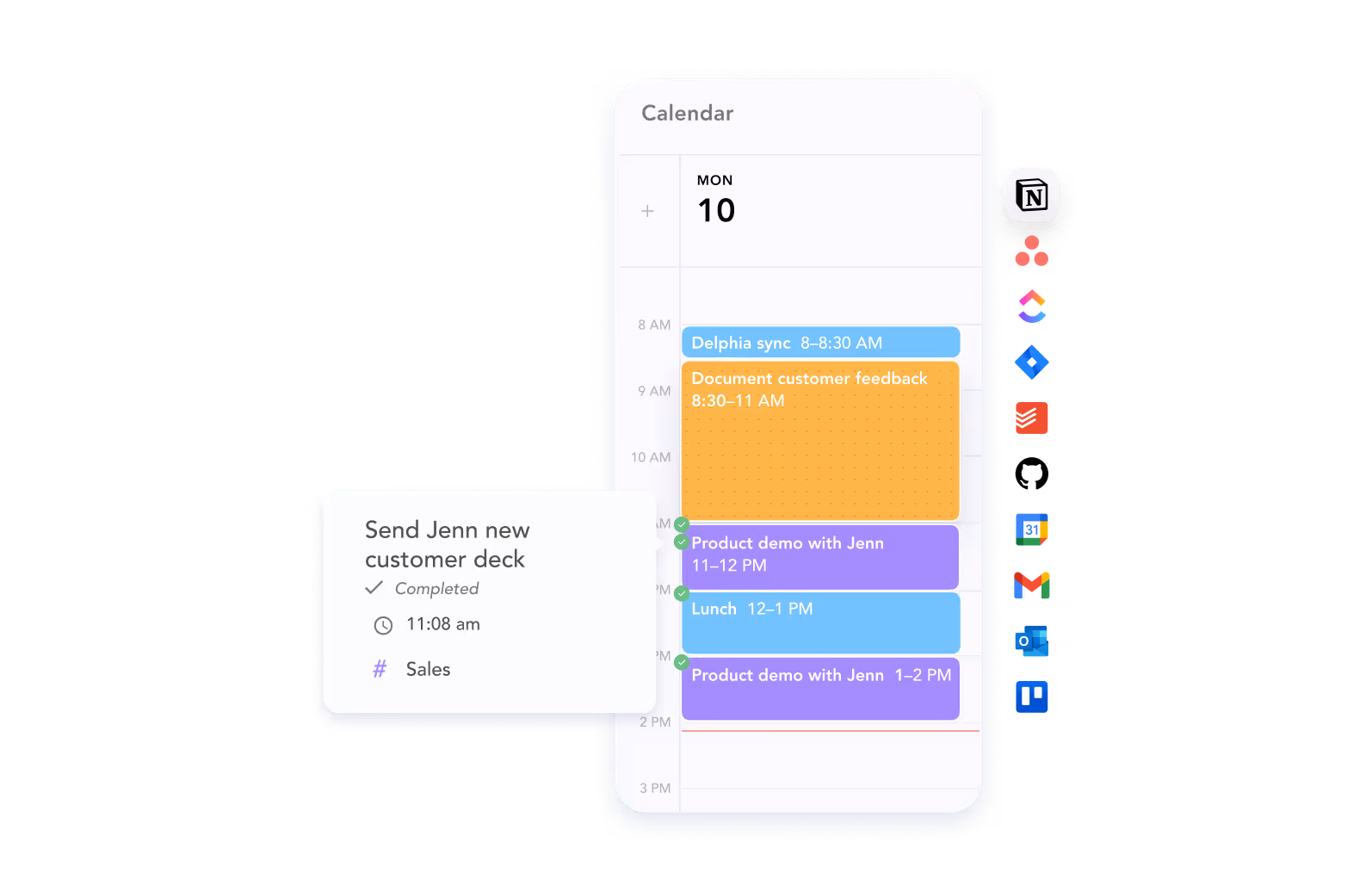 Mobile calendar view for Monday the 10th showing scheduled events from 8 AM to 2 PM and a completed task popup for sending a customer deck.