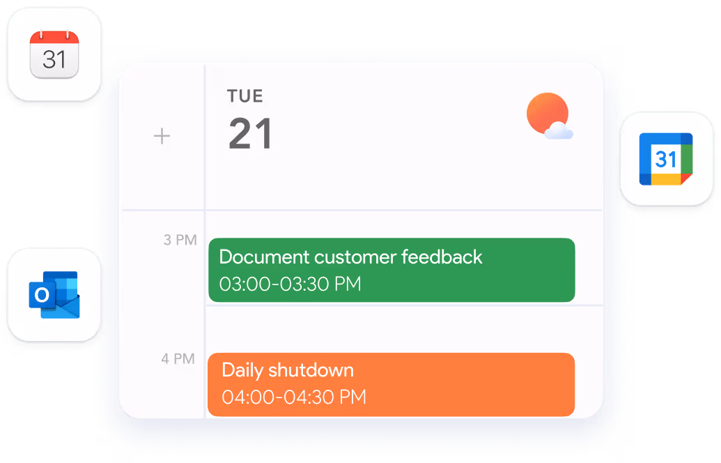 Digital calendar displaying Tuesday the 21st with two scheduled events: Document customer feedback from 3:00 to 3:30 PM and Daily shutdown from 4:00 to 4:30 PM, surrounded by calendar and email app icons.