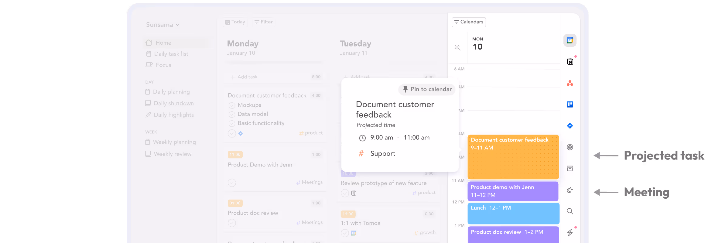 Digital calendar interface showing tasks and meetings scheduled for Monday, January 10, including a pinned task 'Document customer feedback' from 9 to 11 AM.