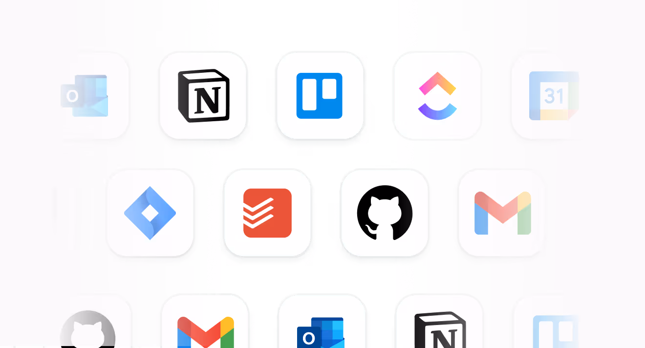 Icons of various productivity and collaboration tools including Notion, Trello, ClickUp, Jira, Todoist, GitHub, Gmail, Outlook, and Google Calendar.