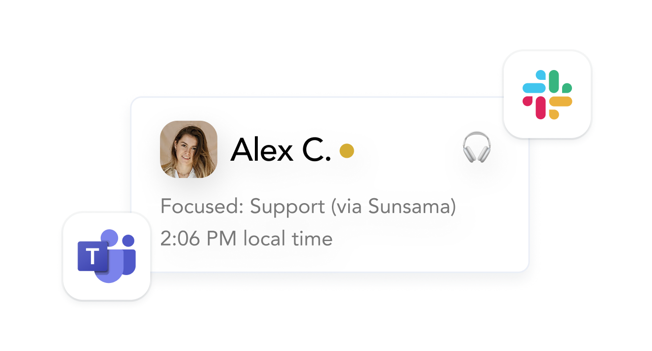 User Alex C. focused on Support via Sunsama with local time 2:06 PM, headset icon, and logos for Microsoft Teams and Slack.
