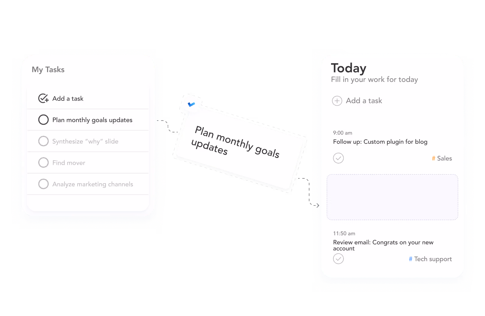 User interface showing task transfer from a 'My Tasks' list with multiple tasks to a 'Today' schedule with time-marked tasks.