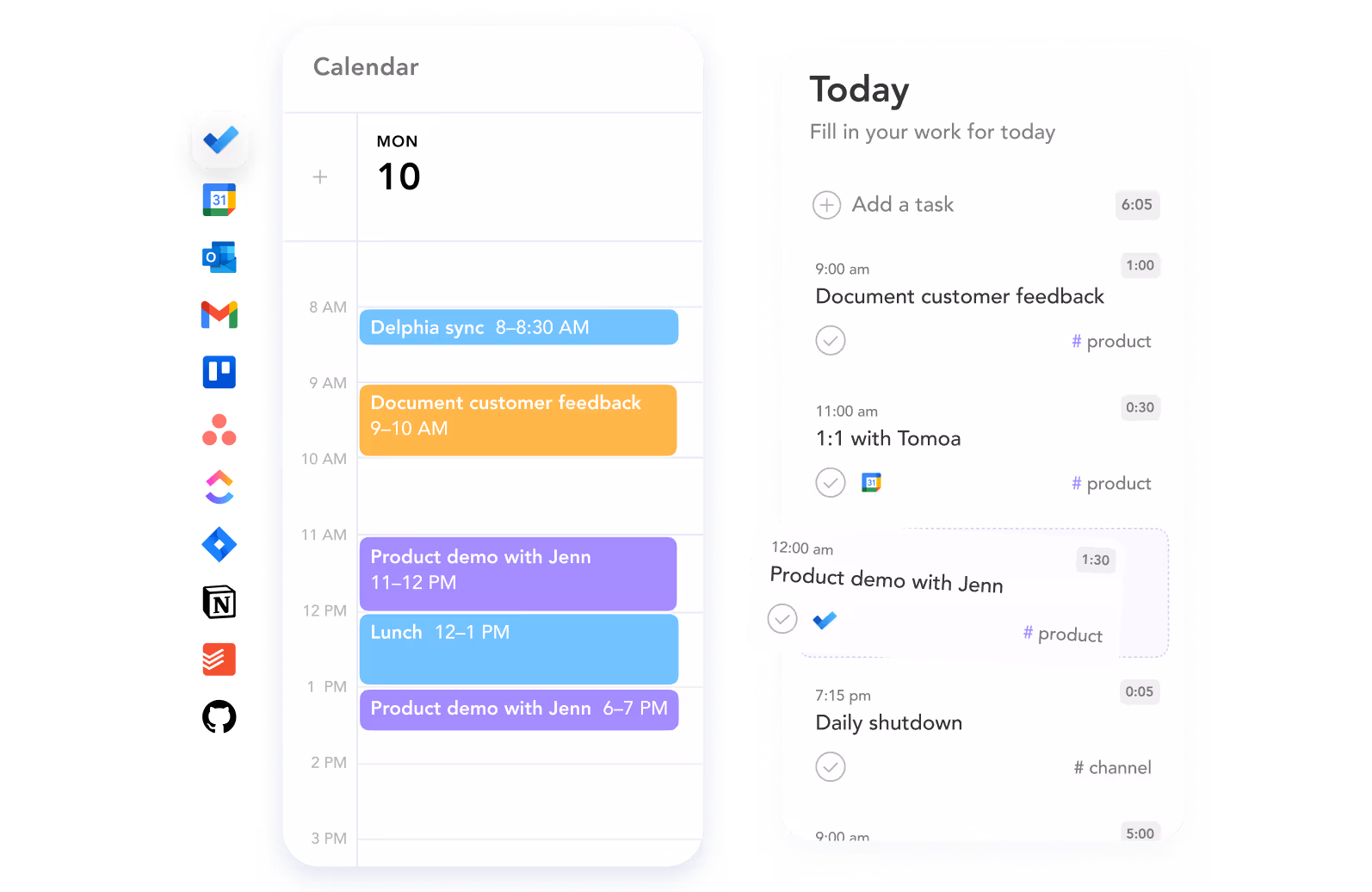 Screenshot of a calendar and task list app showing scheduled events and tasks for Monday the 10th, including meetings, lunch, and demos with color-coded time blocks.