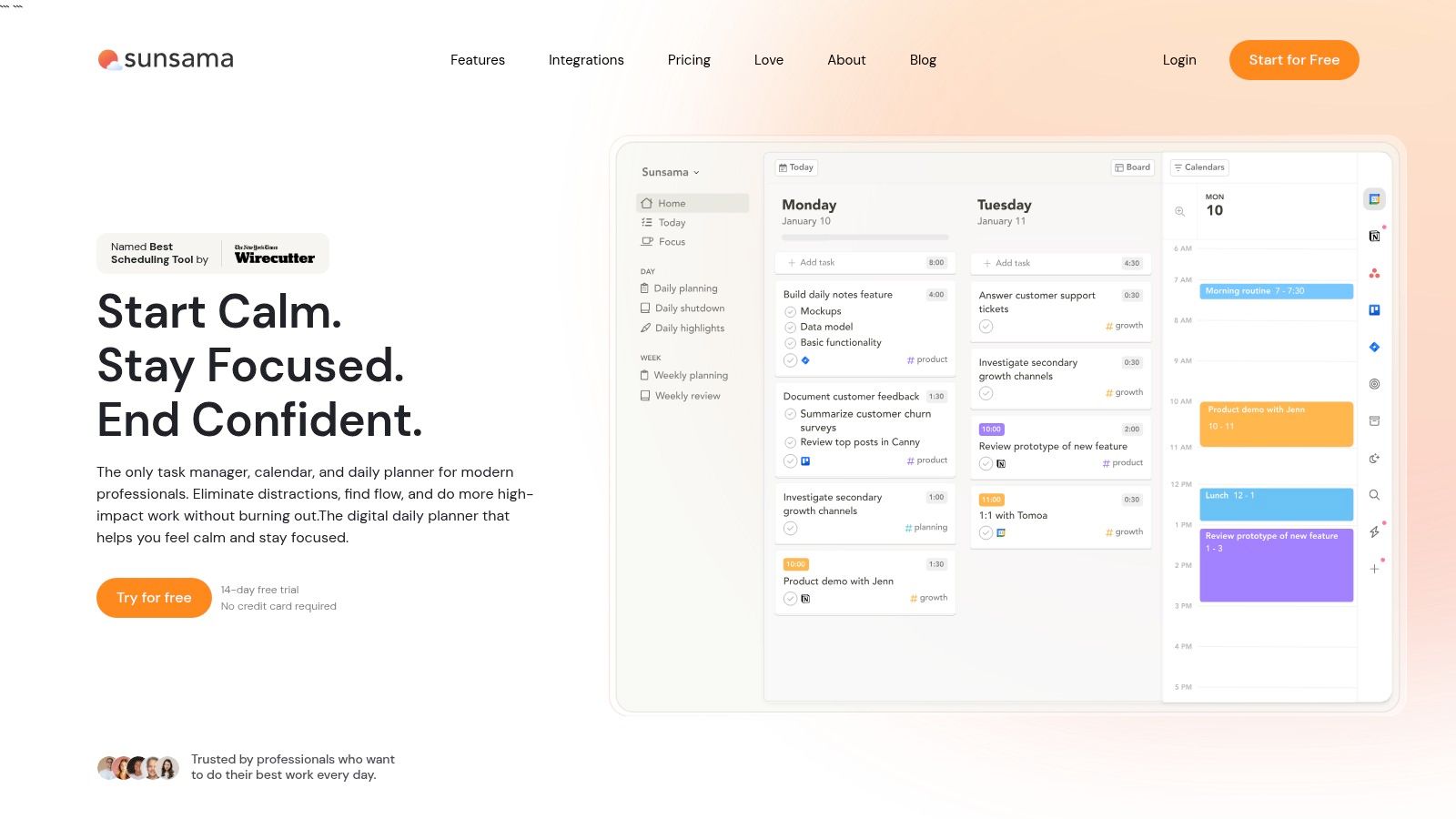 Sunsama's daily planner interface, showing tasks and a calendar side-by-side.
