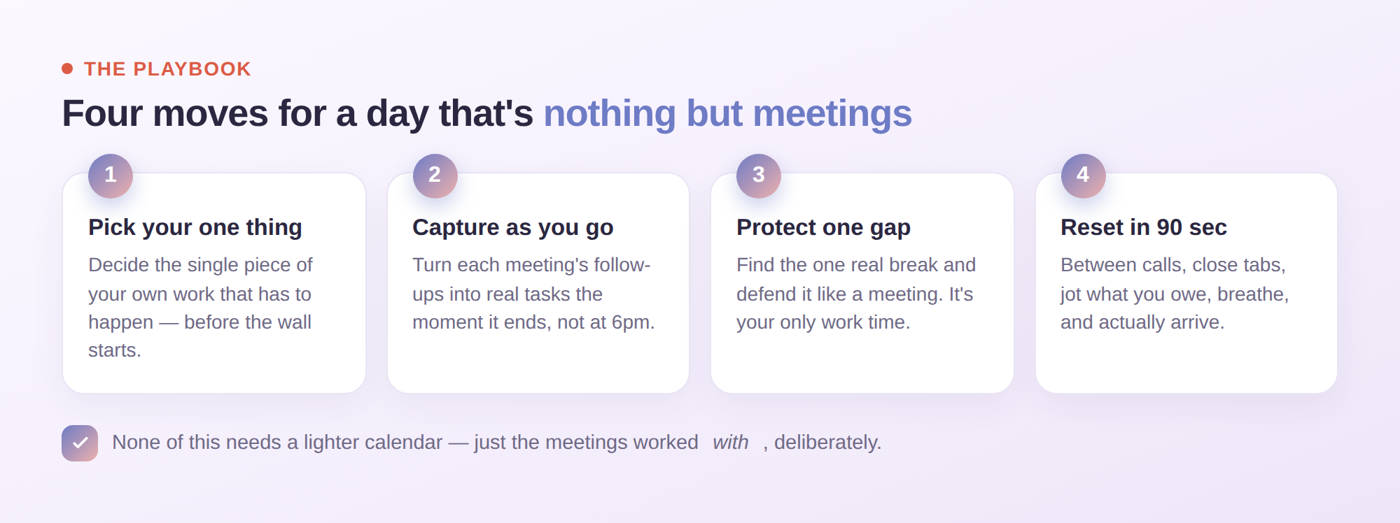 The four moves: pick your one thing, capture as you go, protect one gap, reset in 90 seconds